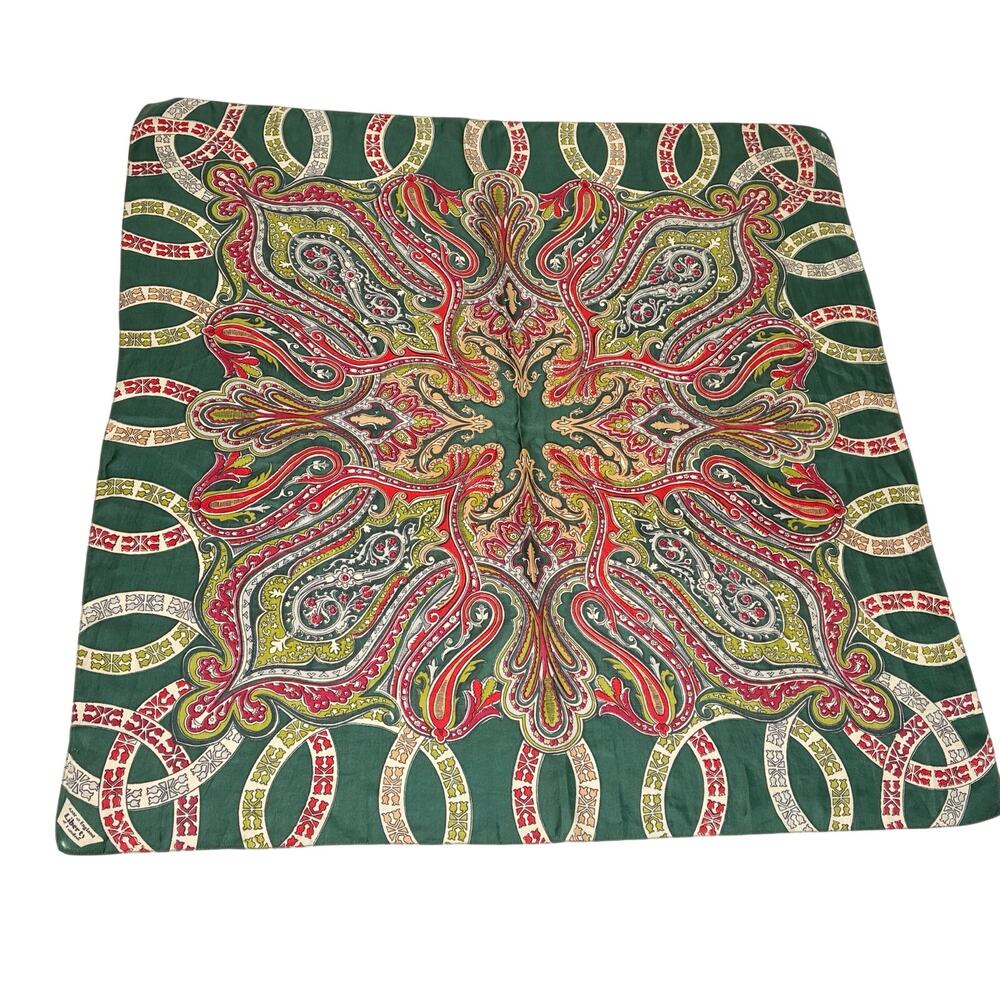 Liberty of London Green Red Cream Brocade Silk Scarf 27.25” Square